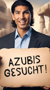 Mann im Anzug hält Steintafel mit der Aufschrift Azubis gesucht